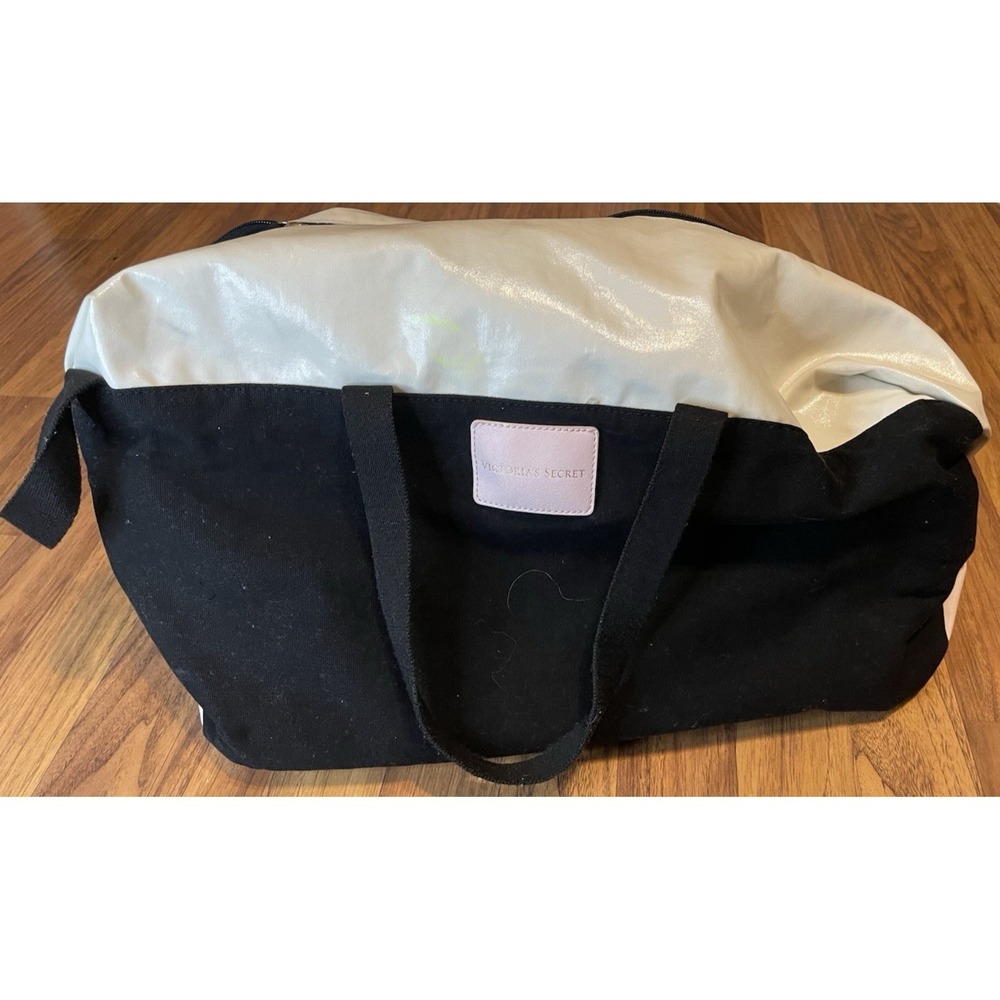 Victoria's Secret Weekender Duffel Bag Black Silver Pink Logo Travel Tote Large